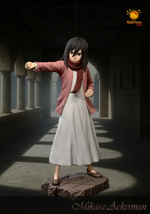 "Limited edition Mikasa Ackerman Attack on Titan resin statue. Dynamic punching pose, fierce determination, intricate details from all angles."