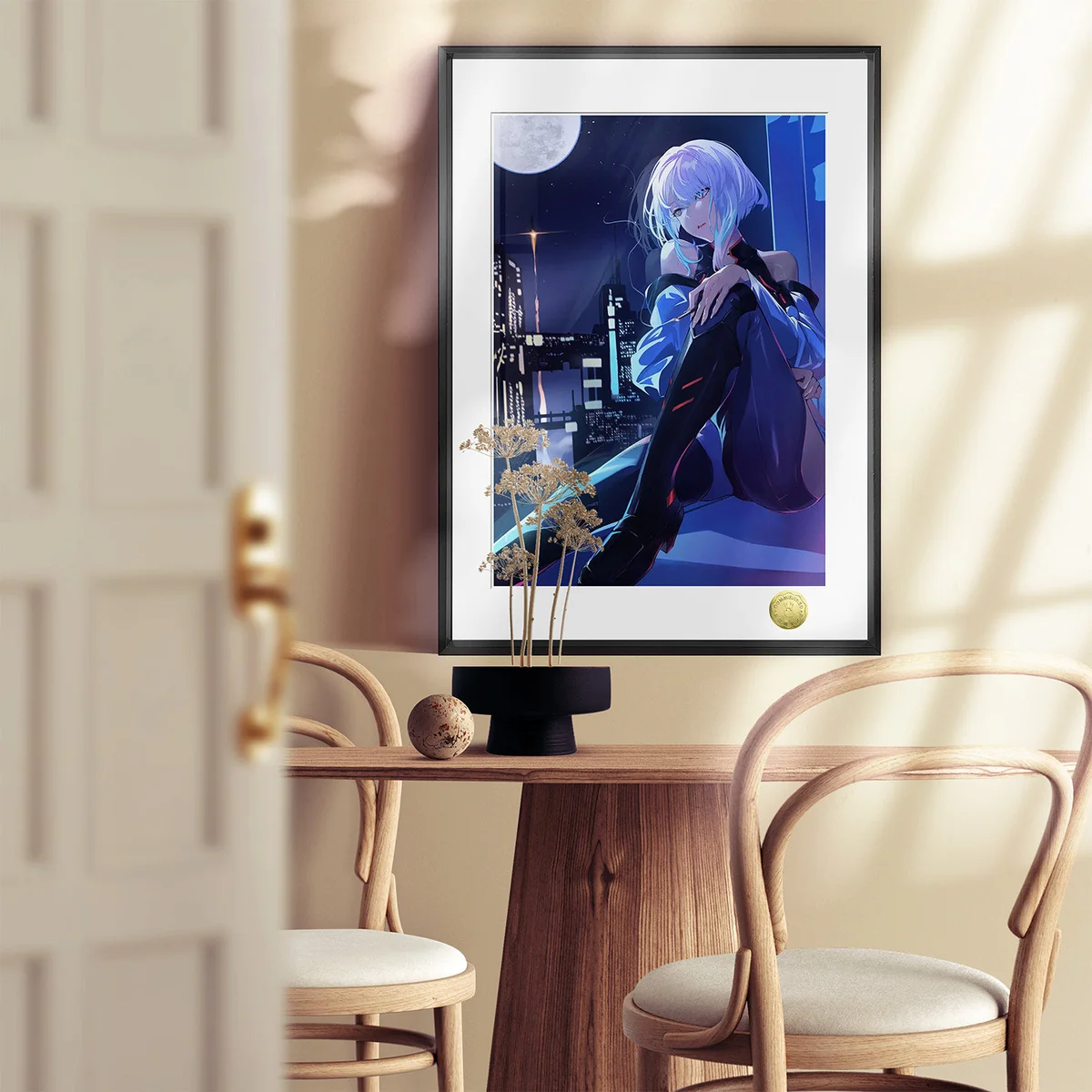 "Close-up views of the hand-numbered Cyberpunk Lucy decorative painting. Features melancholic Lucy, neon cityscape, and artistic print details."