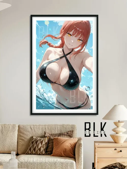 "Elegant Makima swimsuit Baroque painting, showcasing vibrant anime art and ornate frame details from a unique angle. Perfect wall decor."