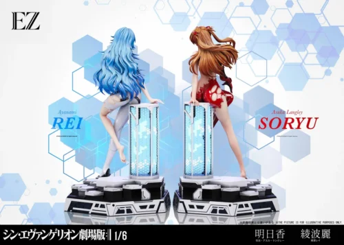 "Captivating view of the limited edition 1/6 Asuka & Rei Evangelion resin statue, highlighting dynamic sculpt details and vibrant colors amidst."