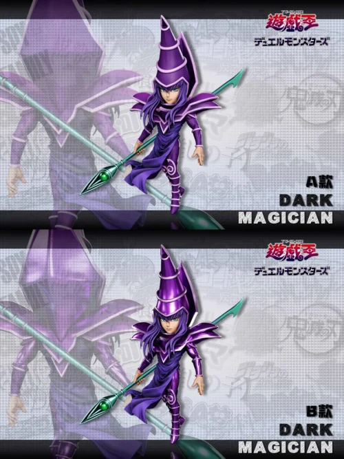 "Iconic Dark Magician Yu-Gi-Oh! statue by A+ Institute Studio. Main image showcases both dynamic original and stunning electroplated versions."