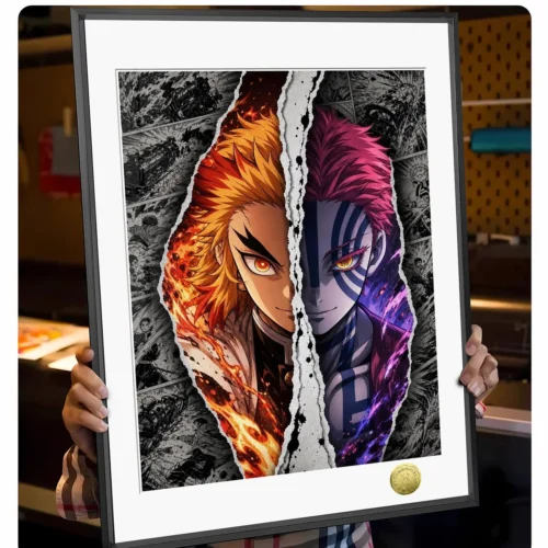 "Premium Rengoku & Akaza Battle Demon Slayer painting. Dynamic details, vibrant colors, and textures from multiple angles highlight this limited editi