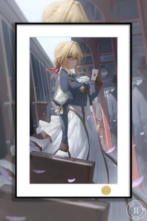 "Limited Edition Violet Evergarden art print by H-TWO Studio, depicting Violet at a serene train station, a premium, elegantly framed decorative paint."