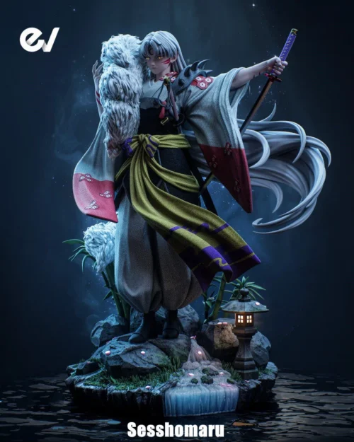 "Limited Edition Sesshomaru Inuyasha resin statue showcasing intricate sculpts and ynamic LED lighting from various angles."