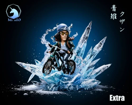"Exclusive Rebel Bike Aokiji WCF One Piece statue by MDS Studio. Multiple views capture his dynamic rebel look, intricate bike details, and bonus."