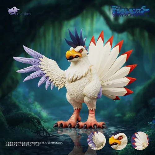 "Meticulously detailed Kokatorimon Digimon statue, a premium T1-studio collectible figure with intricate insectoid design and dynamic pose."