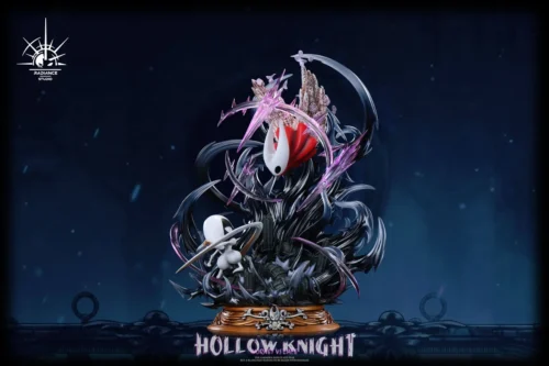 "Dynamic Hollow Knight statue capturing an intense, illuminated battle between Hornet and Lace, enhanced with vibrant LED effects."