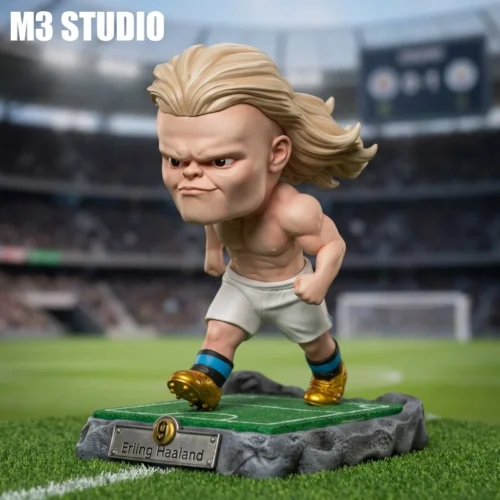 Adorable Cute-version Erling Haaland figure from M3 Studios, a dynamic collectible statue in a playful football uniform, perfect for fans.