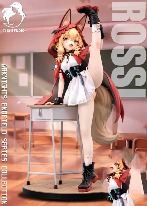 "Detailed views of the 1/6 Arknights Rosie figure by Jimei Studio, showcasing its dynamic sculpt, premium resin, and intricate tactical dark fantasy."