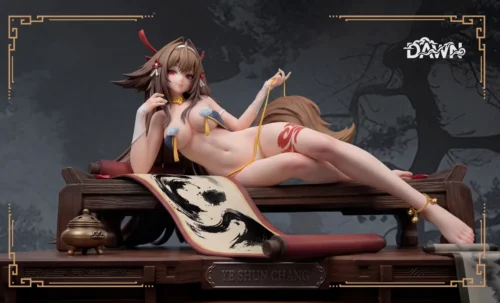 "Ye Shunguang Zenless Zone Zero statue. Elegant ancient style, flowing robes, intricate details, premium materials, and flexible posing, shown."