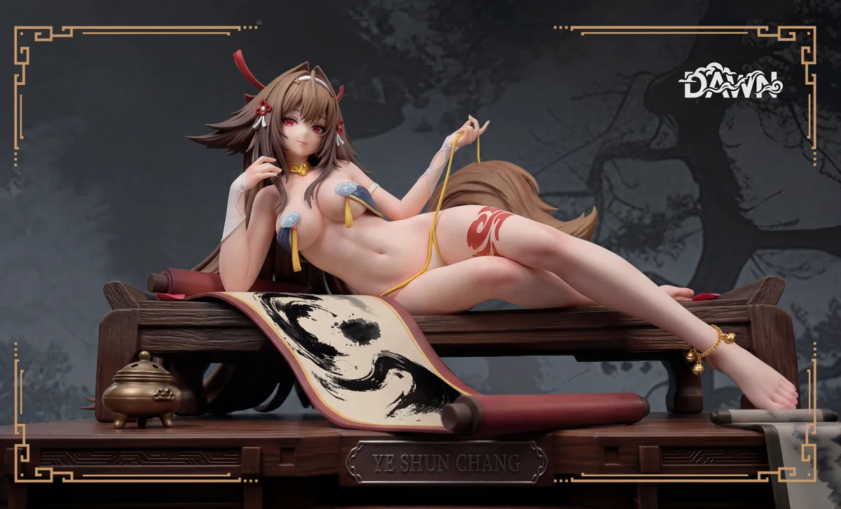 "Ye Shunguang Zenless Zone Zero statue. Elegant ancient style, flowing robes, intricate details, premium materials, and flexible posing, shown."