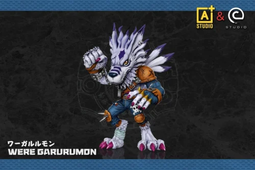 "Playful, dynamic WereGarurumon Chibi figure, a detailed Digimon statue. Image highlights its iconic sculpt and dual color options from various angles."