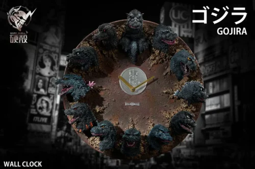 "Detailed gallery views of Hardcore Studio's 12 Generations Godzilla Head Sculpt Relief Wall Clock, showcasing intricate resin details, imposing."