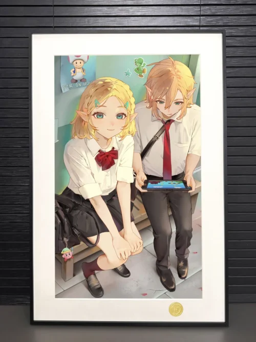 "Limited Edition fine art print of School Uniform Zelda & Link decorative painting from Tears of the Kingdom. Playful, romantic, with elegant artistic."