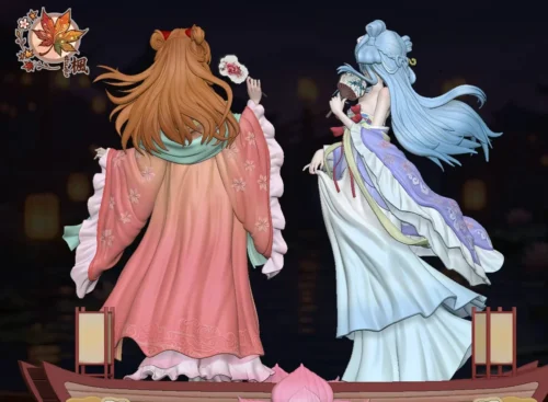 "1/6 Asuka & Rei Evangelion Guofeng statue. Features elegant Hanfu, Chinese fusion design, and classic motifs shown in detail."