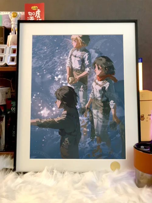 "Ultra-limited, hand-numbered 'The Sea' Attack on Titan print. Premium art detail with Eren, Mikasa, Levi gazing over a dramatic starry ocean."