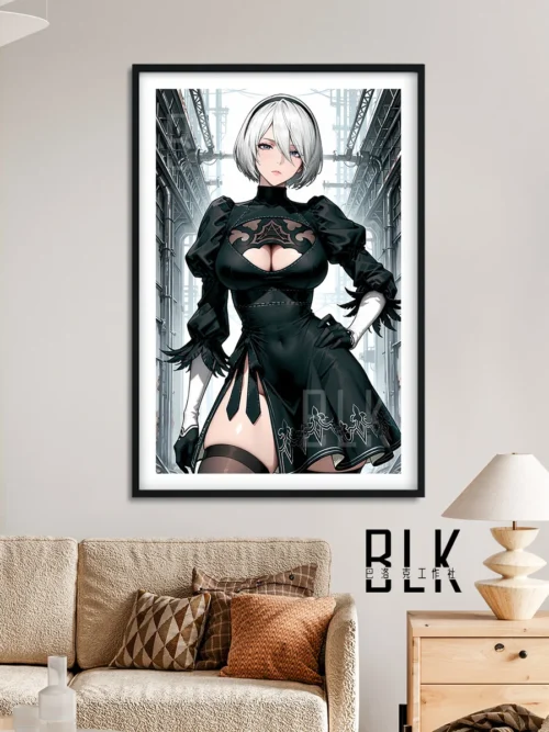 "Detailed view of the ornate Baroque frame surrounding the premium NieR Automata 2B art painting, showcasing its intricate classical design."
