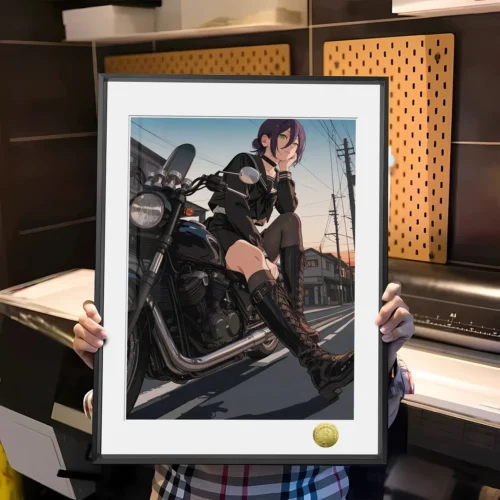"Chainsaw Man Reze Motorcycle Girl decorative painting. Dynamic limited edition fan art capturing Reze's explosive charm on a sleek motorcycle."