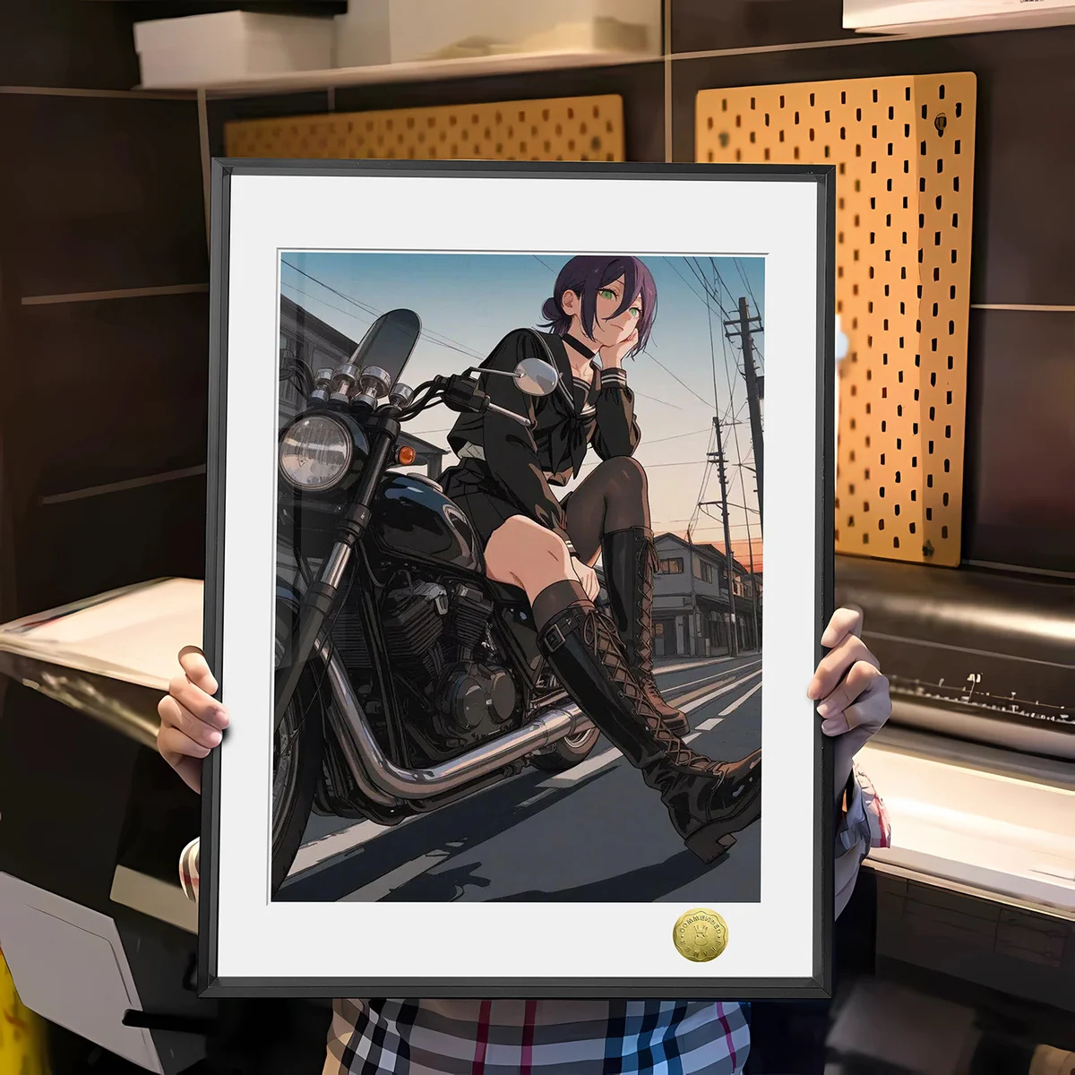 "Chainsaw Man Reze Motorcycle Girl decorative painting. Dynamic limited edition fan art capturing Reze's explosive charm on a sleek motorcycle."