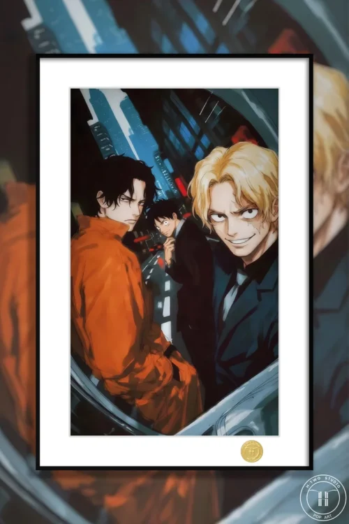 "Premium large-size One Piece painting featuring the dynamic three brothers Luffy, Ace, and Sabo in an action scene, a limited edition framed art."