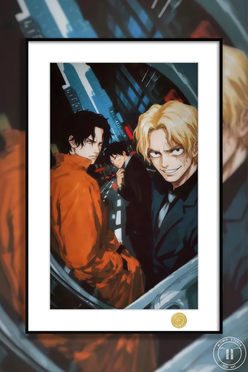 "Premium large-size One Piece painting featuring the dynamic three brothers Luffy, Ace, and Sabo in an action scene, a limited edition framed art."