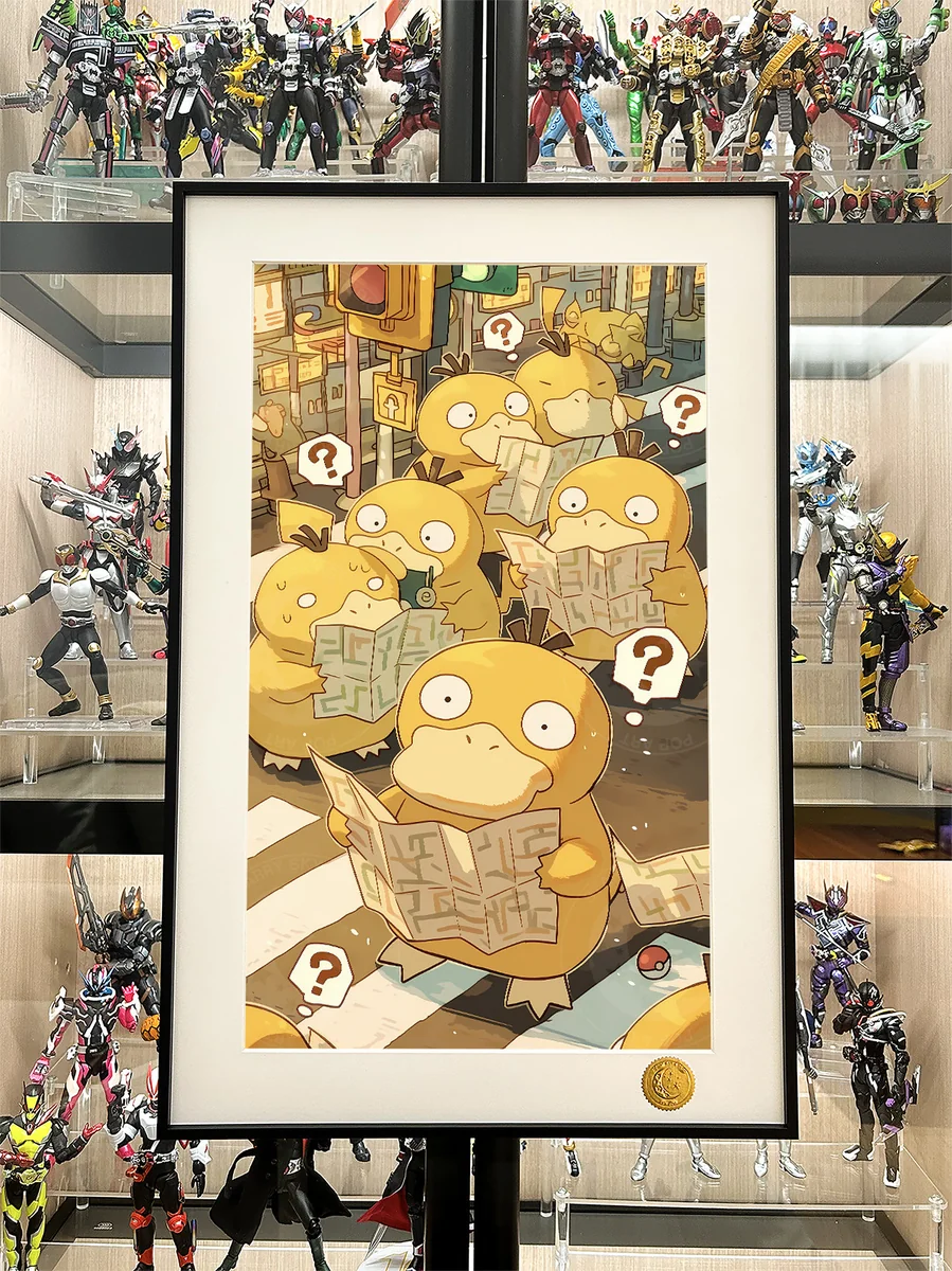 "Limited edition Lost Psyduck Starry Art Print, Xingkong Studio. Detailed images showcase dreamy Pokémon under vibrant cosmic sky, high-fidelity."