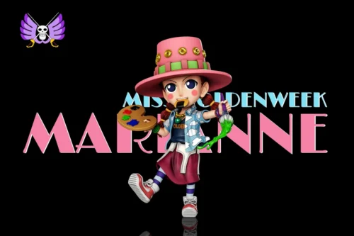 Miss Goldenweek Marianne One Piece figure by A Plus Studios, showcasing her vibrant, dynamic pose and mischievous personality from multiple angles.