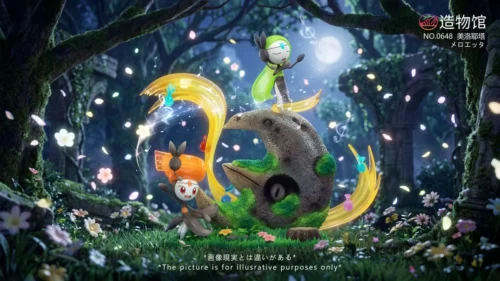 "Close-up views of the premium Zaowuguan Studio 1/20 Meloetta Dual Forms Pokemon statue, showcasing vibrant colors, dynamic posing, and mystical."