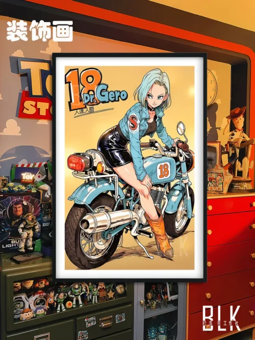 "Vibrant, high-definition Dragon Ball Android 18 painting, showcasing her dynamically on a motorcycle. Premium anime wall art perfect for collectors."