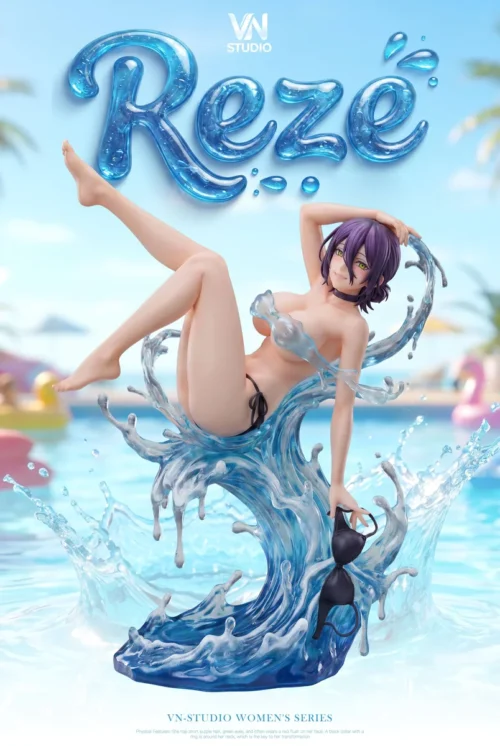 "Dynamic 1/6 Reze Summer Surfing Swimsuit Chainsaw Man resin statue, showcasing Reze in an exciting beach scene. A premium collectible figure."