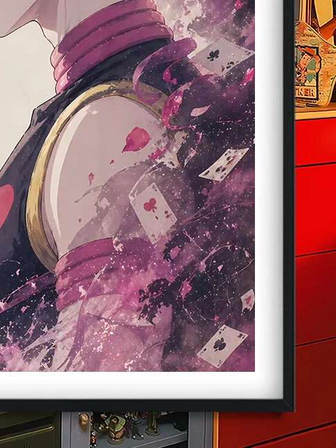 "Angled detail of the Baroque Hunter x Hunter Hisoka Art Print, highlighting the rich colors, ornate design, and dramatic artistic depth of this."