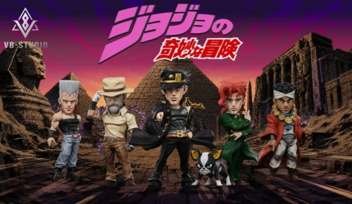 "Playful Jojo Avdol WCF figure by V8-STUDIO, showcasing his iconic dynamic pose and fiery personality from multiple angles, highlighting chibi details.“