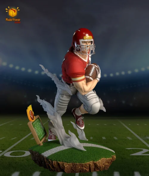 "Premium American Football Player Resin Statue in dynamic pose, featuring realistic sculpt, removable helmet, and turf base. Limited edition."