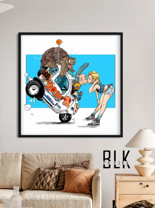 "Baroque Dragon Ball decorative painting of dynamic Krillin and Android 18, showcasing unique ornate classical art style and rich artistic depth."
