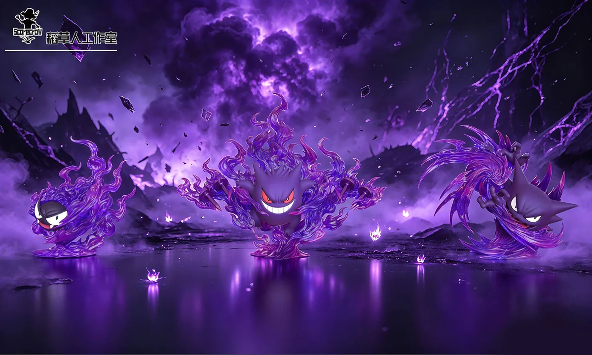 "Limited Edition Gengar Evolution Set resin statue, showcasing the mischievous Gastly line in an exclusive snow-colored variant."