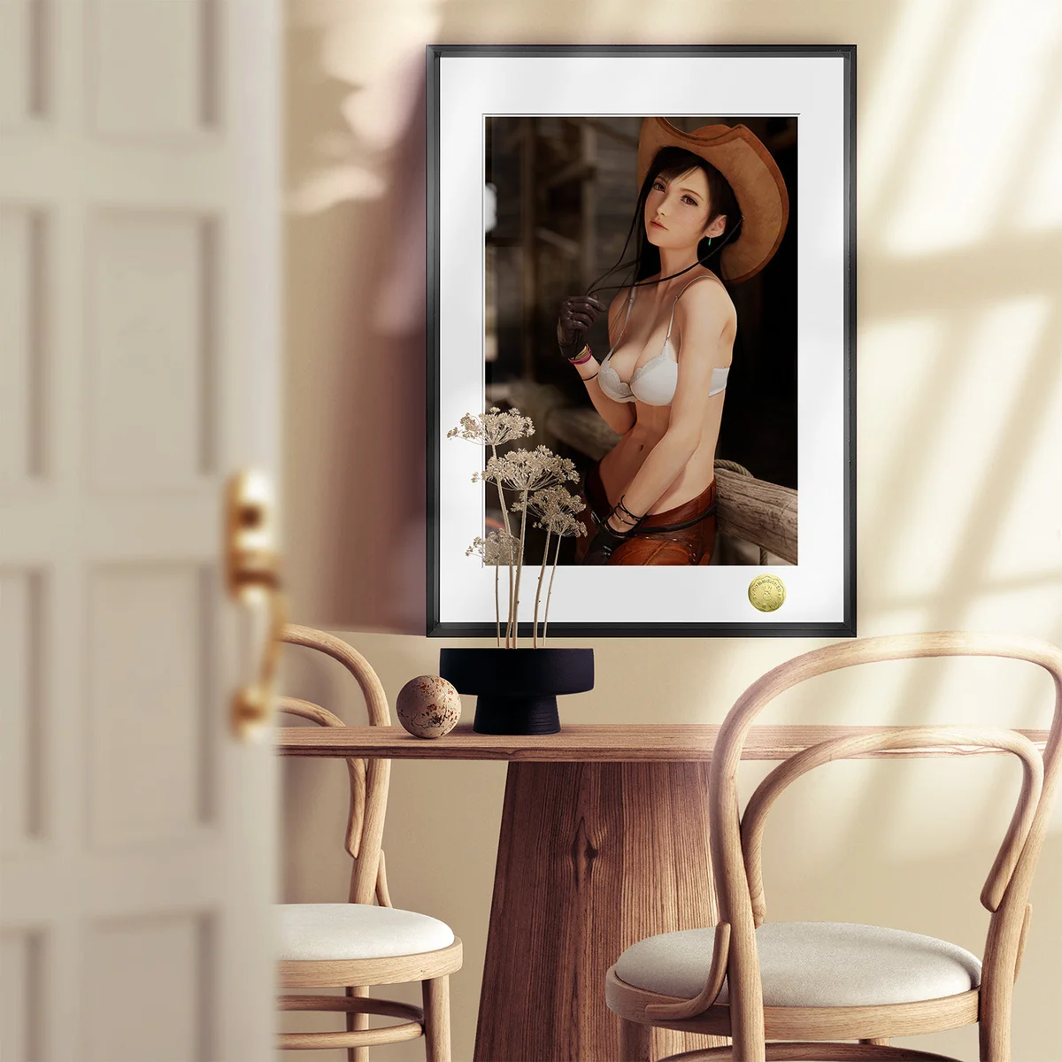 "Premium Tifa Lockhart Cowgirl Decorative Painting, Final Fantasy VII limited edition framed art print by Huang Gua Studio, showcasing vibrant details."
