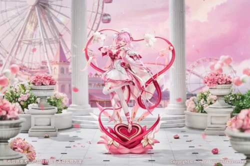 "Elysia Hi♪ Love Fairy 1/7 scale official statue from Honkai Impact 3rd by Myethos, showcasing her dynamic idol performance with vibrant pink and blue."