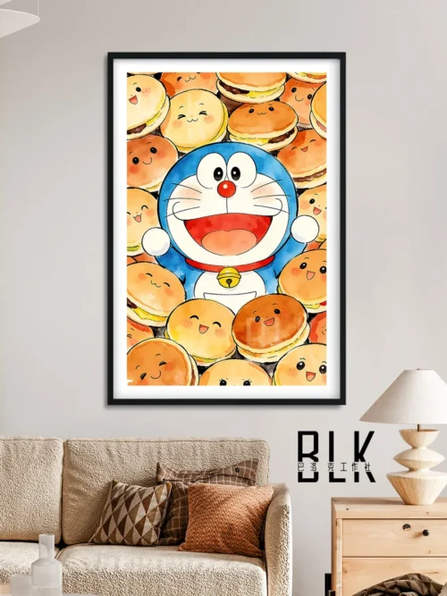 "Views of the unique Doraemon Baroque Art decorative painting, revealing intricate details, vibrant colors, and whimsical Dorayaki elements."