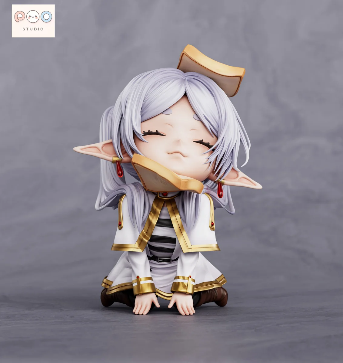 "Whimsical Frieren figure nestled playfully in a unique bread bun design, highlighting the premium quality resin statue from Frieren: Beyond Journey."