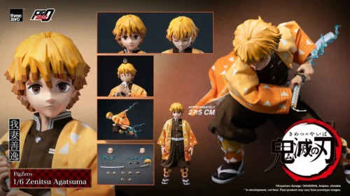 "Official Threezero FigZero 1/6 Zenitsu Agatsuma Demon Slayer action figure. Dynamic pose showcases Thunder Breathing effects and detailed fabric."