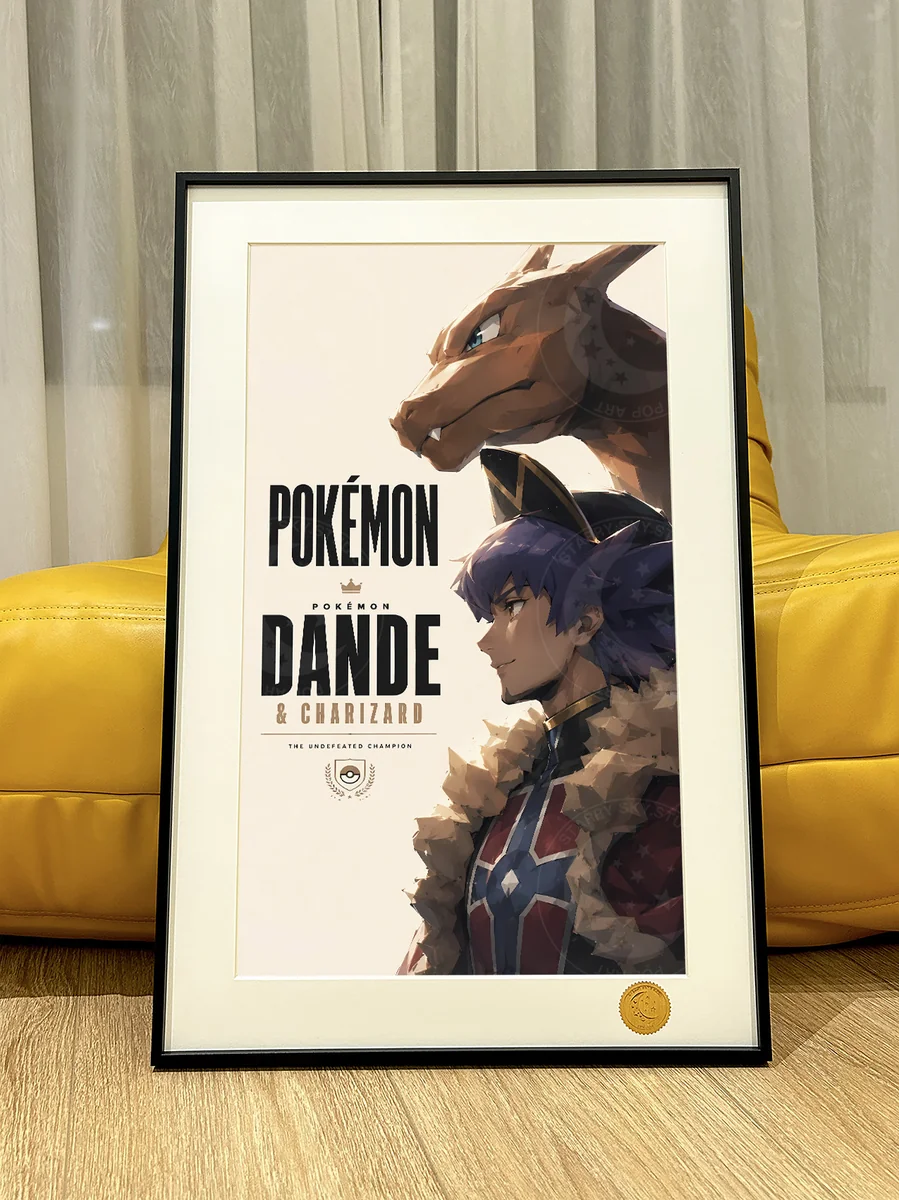 "Limited edition framed collector-grade Pokémon art print showcasing Trainer Leon, Charizard, Ash, and Pikachu in a dynamic starry sky battle."
