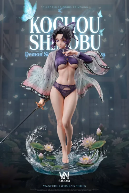 "Exquisite 1/6 Shinobu Kocho Demon Slayer resin statue. Showcases a dynamic pose, iconic butterfly motif, translucent effects, and an elegant base."
