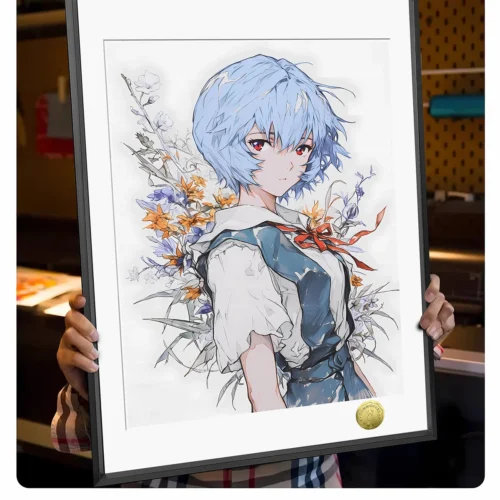 Rei Ayanami Flowering Season painting, a limited edition Neon Genesis Evangelion art print, showing serene, delicate details from all angles.