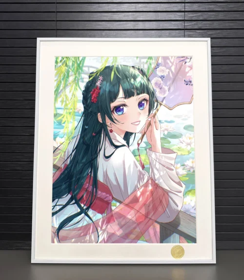"Views of the serene Maomao by Lotus Pond Limited Edition Giclée Art Print, highlighting delicate anime illustration details and elegant framed."