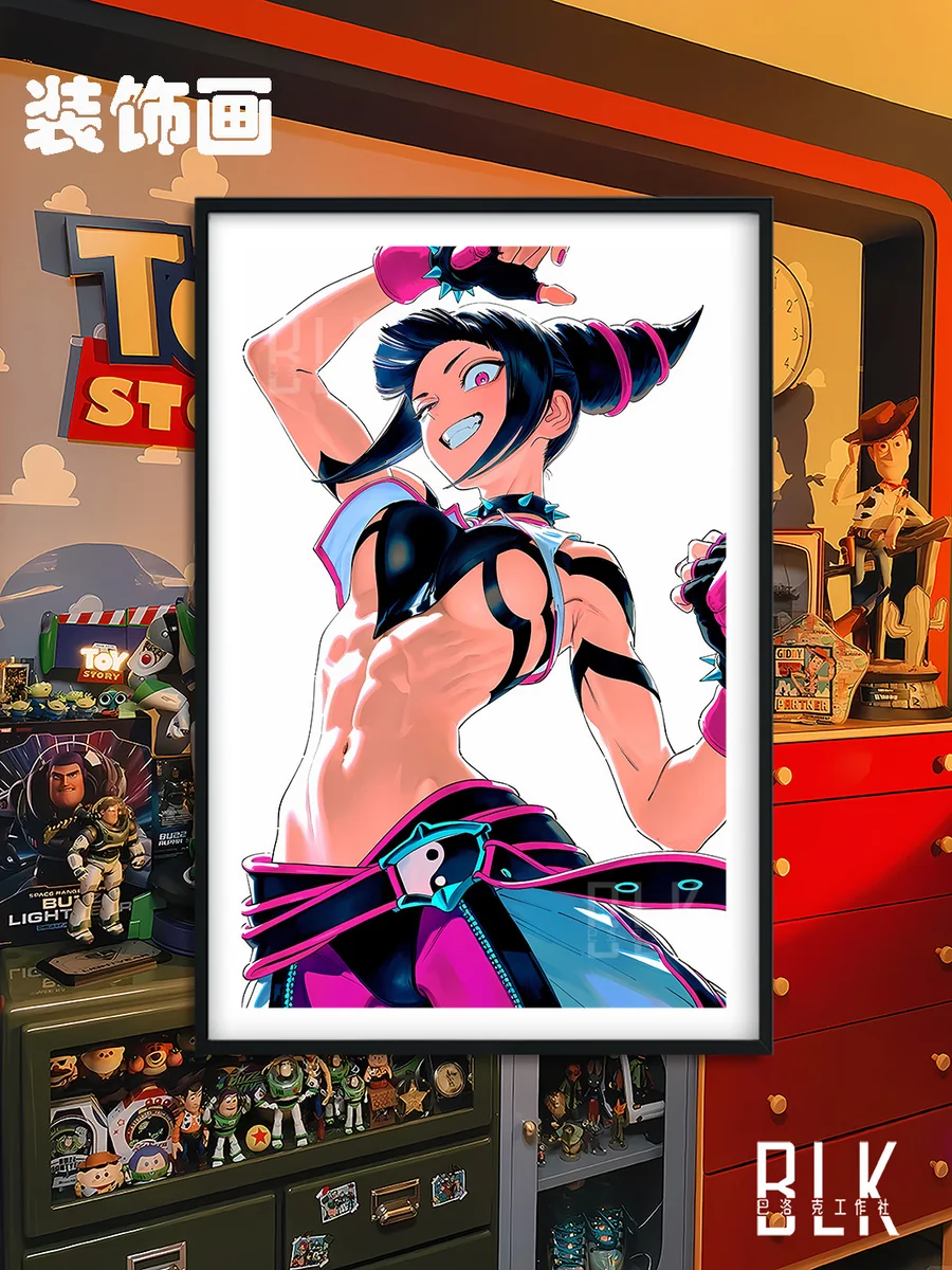 "Dynamic Juri Han Street Fighter painting with vibrant colors and bold, Baroque flair. A captivating piece of decorative art featuring Juri in an icon."