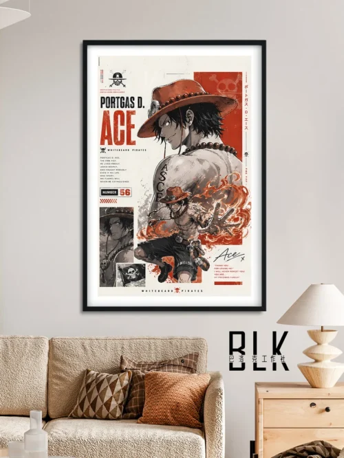 "Portgas D. Ace Baroque art painting, showing dimensional details and vibrant colors from various angles. A dramatic One Piece Ace art print."