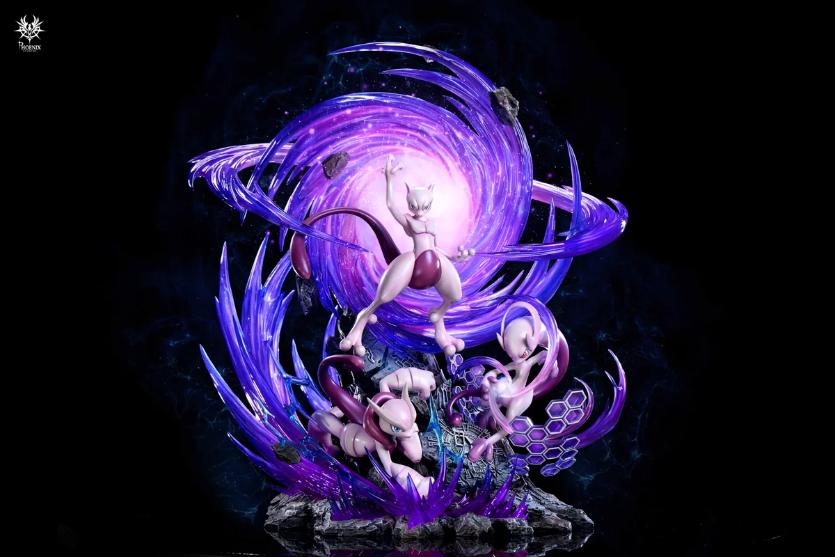 "Limited Edition Armored Mewtwo with LED Pokémon statue by Phoenix Studio, revealing intricate armor details, dynamic pose, and intense LED aura."