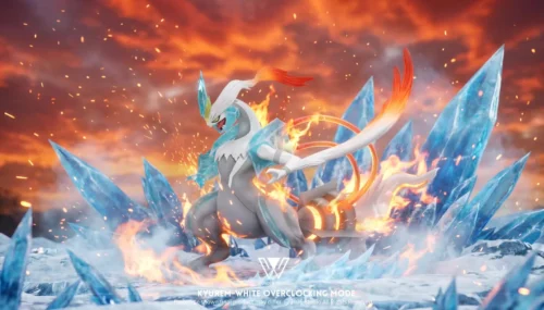 "Premium 1/20 Kyurem Overclock Mode Pokémon statue, dynamic sculpted details highlighted from a unique angle with vibrant integrated LED lighting."