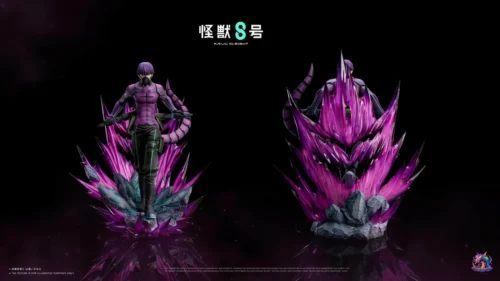 "Dynamic 1/6 Kaiju No. 8 Hoshina Soshiro statue by YQY-Studio, with intricate armor, dual heads, and LED chest light details from multiple angles."