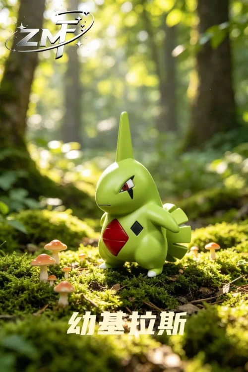 "Adorable limited edition Larvitar Pokemon figure on a stylized rock base, capturing its cute and powerful design from LD x Zaomengfang Studio."